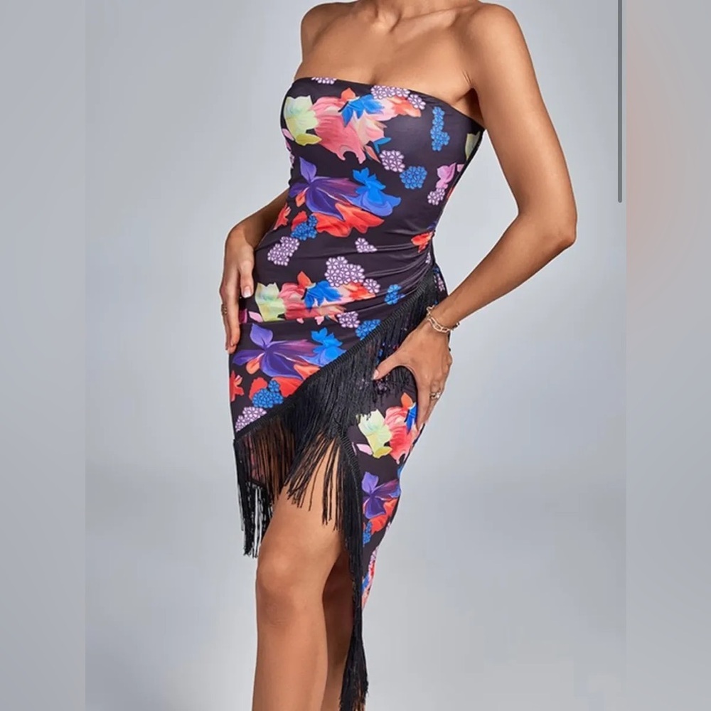 Micas Floral Strapless Fringe Floral Midi Dress